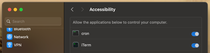 Permissions in System Settings > Privacy and Security > Accessibility